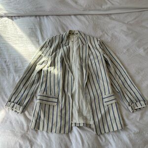 Striped Linen-Blend Blazer - Blue & Cream